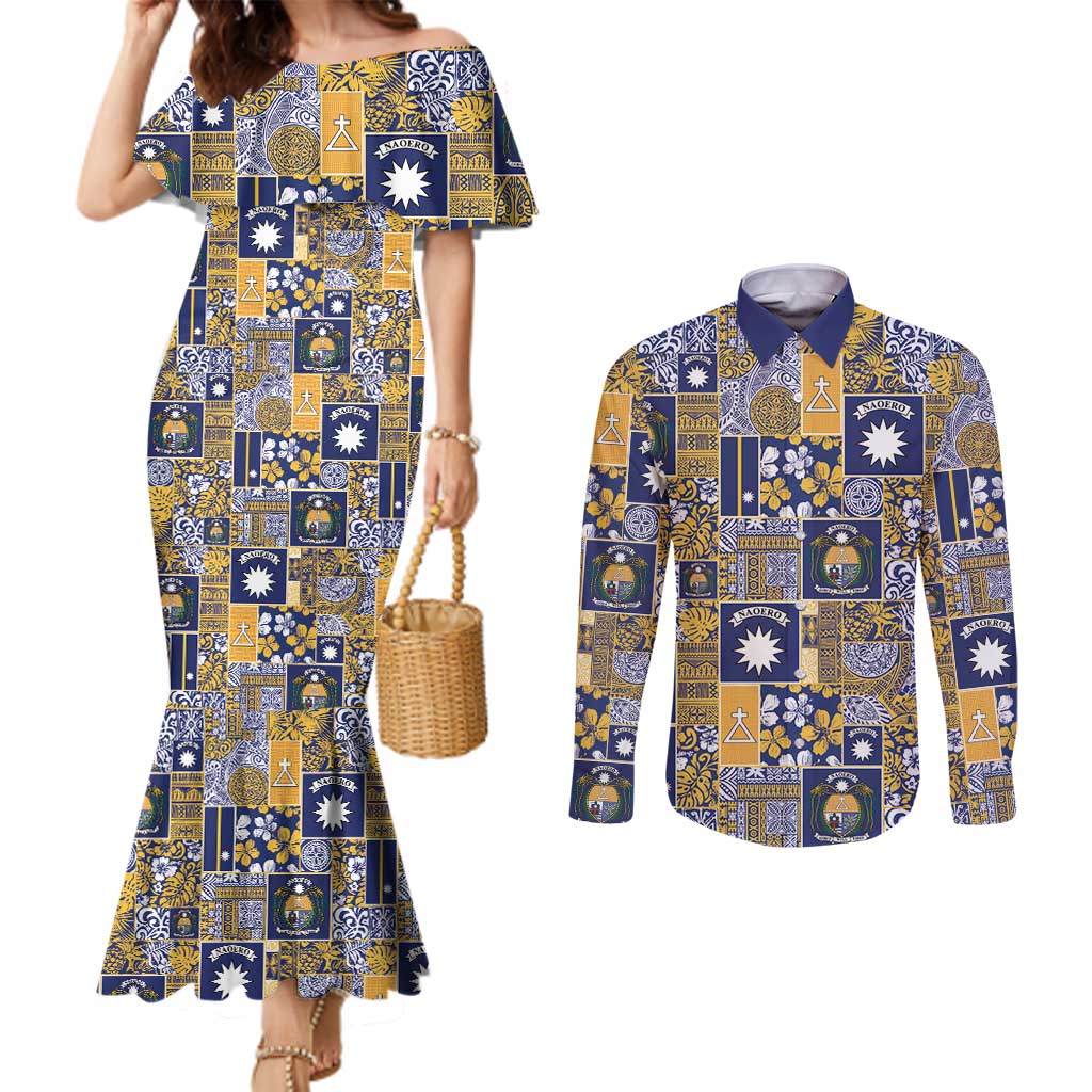 Ekamawir omo Nauru Couples Matching Mermaid Dress and Long Sleeve Button Shirt Pacific Patchwork Xmas Vibes LT9 Blue - Polynesian Pride