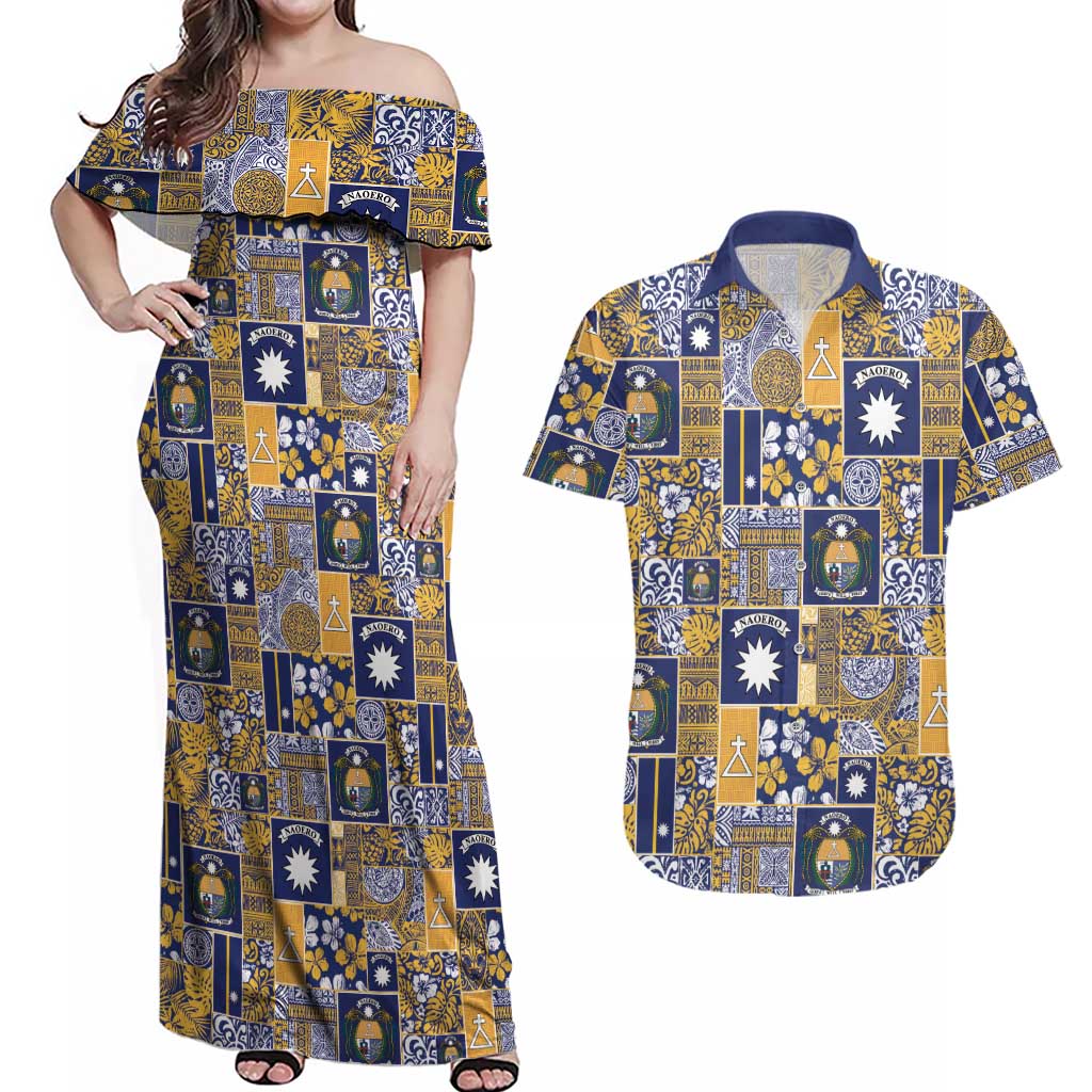 Ekamawir omo Nauru Couples Matching Off Shoulder Maxi Dress and Hawaiian Shirt Pacific Patchwork Xmas Vibes - Polynesian Pride