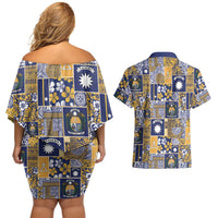 Ekamawir omo Nauru Couples Matching Off Shoulder Short Dress and Hawaiian Shirt Pacific Patchwork Xmas Vibes - Polynesian Pride