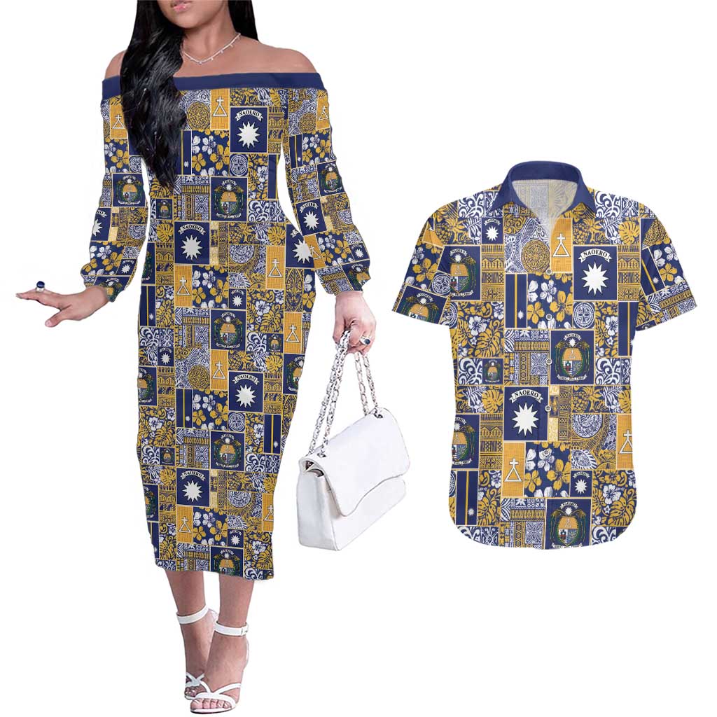 Ekamawir omo Nauru Couples Matching Off The Shoulder Long Sleeve Dress and Hawaiian Shirt Pacific Patchwork Xmas Vibes - Polynesian Pride