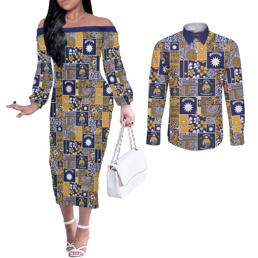Ekamawir omo Nauru Couples Matching Off The Shoulder Long Sleeve Dress and Long Sleeve Button Shirt Pacific Patchwork Xmas Vibes - Polynesian Pride