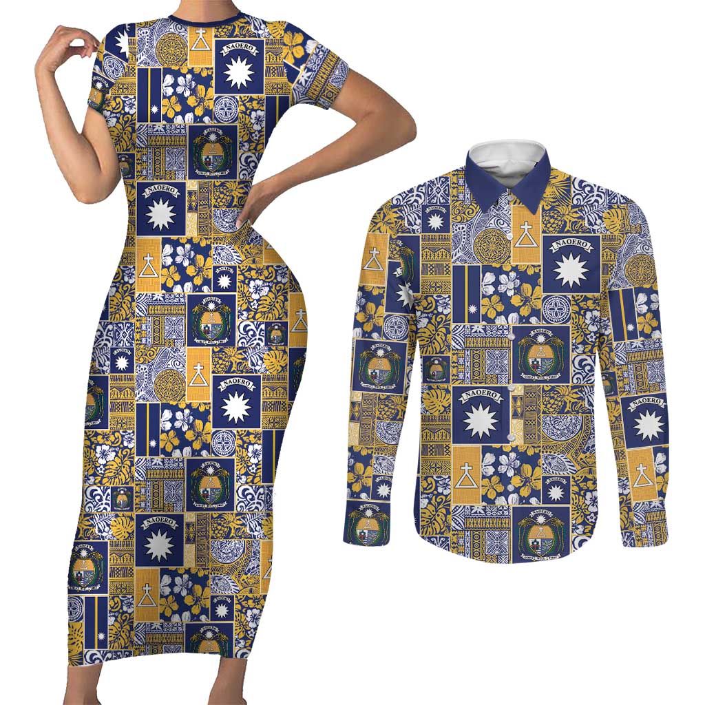 Ekamawir omo Nauru Couples Matching Short Sleeve Bodycon Dress and Long Sleeve Button Shirt Pacific Patchwork Xmas Vibes - Polynesian Pride