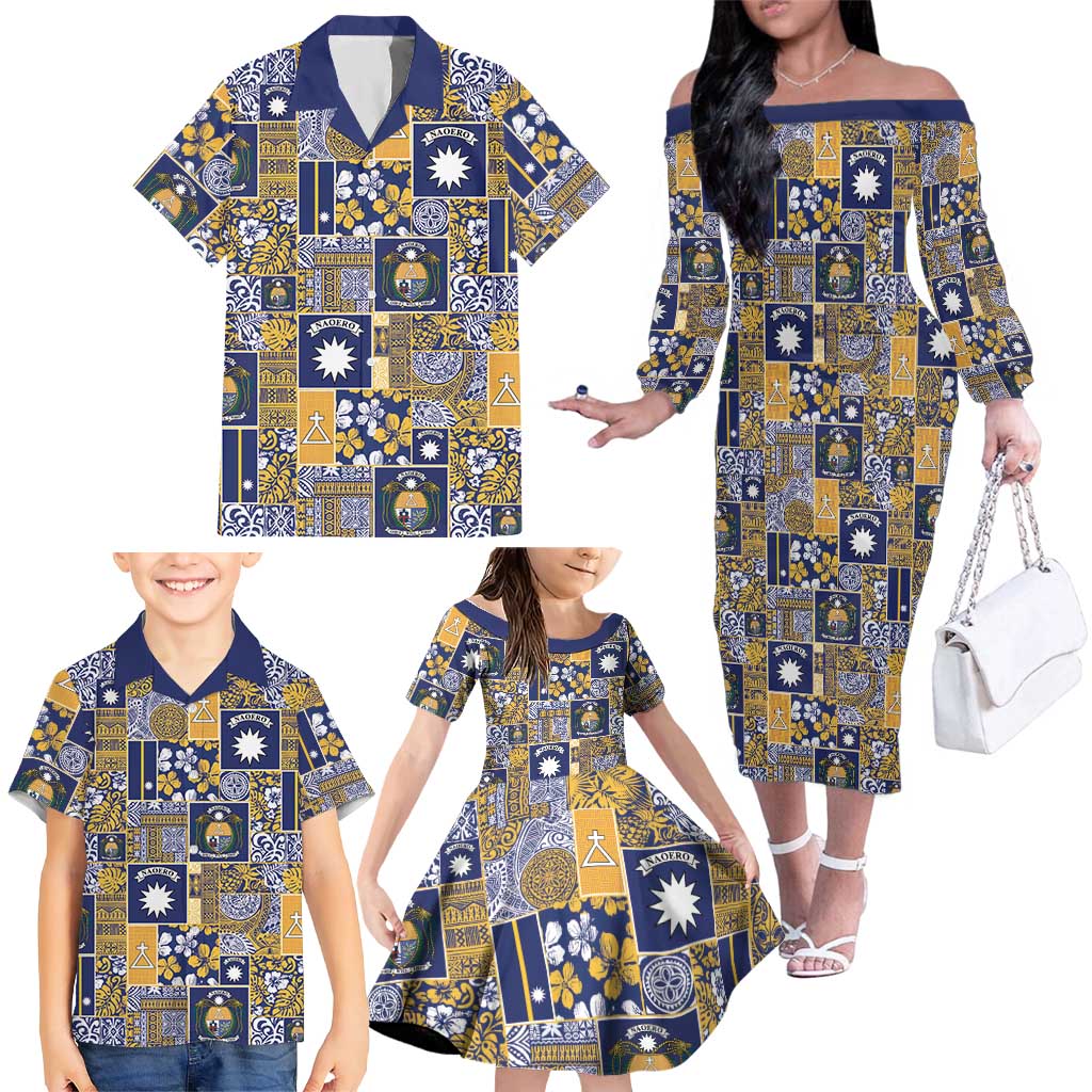 Ekamawir omo Nauru Family Matching Off The Shoulder Long Sleeve Dress and Hawaiian Shirt Pacific Patchwork Xmas Vibes - Polynesian Pride