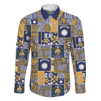 Ekamawir omo Nauru Family Matching Off The Shoulder Long Sleeve Dress and Hawaiian Shirt Pacific Patchwork Xmas Vibes LT9 Dad's Shirt - Long Sleeve Blue - Polynesian Pride