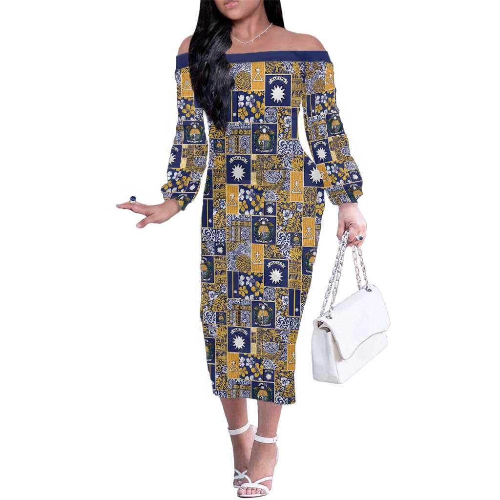 Ekamawir omo Nauru Family Matching Off The Shoulder Long Sleeve Dress and Hawaiian Shirt Pacific Patchwork Xmas Vibes LT9 Mom's Dress Blue - Polynesian Pride