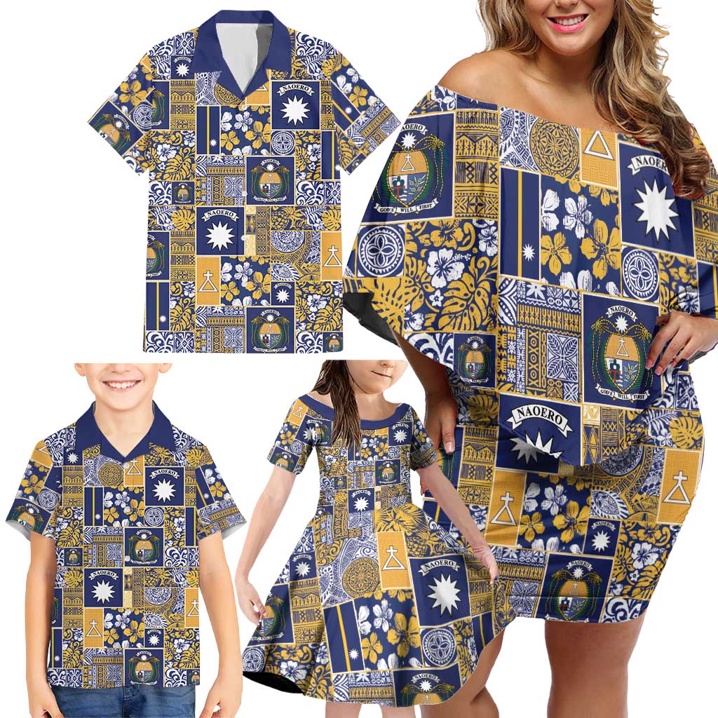Ekamawir omo Nauru Family Matching Off Shoulder Short Dress and Hawaiian Shirt Pacific Patchwork Xmas Vibes - Polynesian Pride