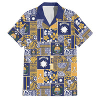 Ekamawir omo Nauru Family Matching Off Shoulder Short Dress and Hawaiian Shirt Pacific Patchwork Xmas Vibes LT9 Dad's Shirt - Short Sleeve Blue - Polynesian Pride