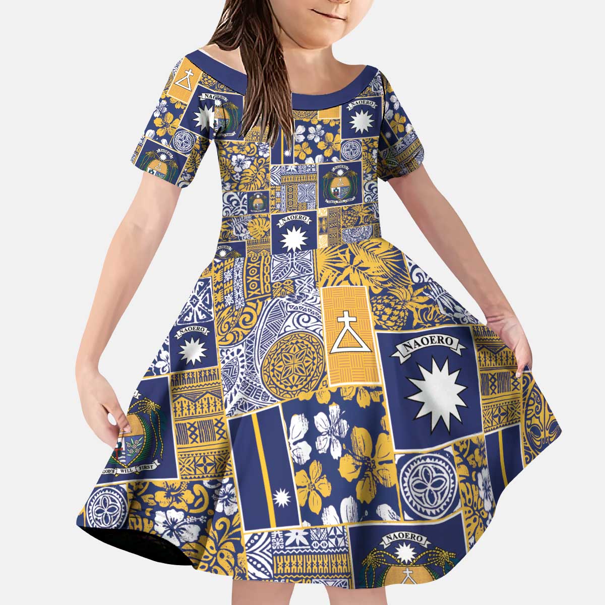 Ekamawir omo Nauru Kid Short Sleeve Dress Pacific Patchwork Xmas Vibes - Polynesian Pride
