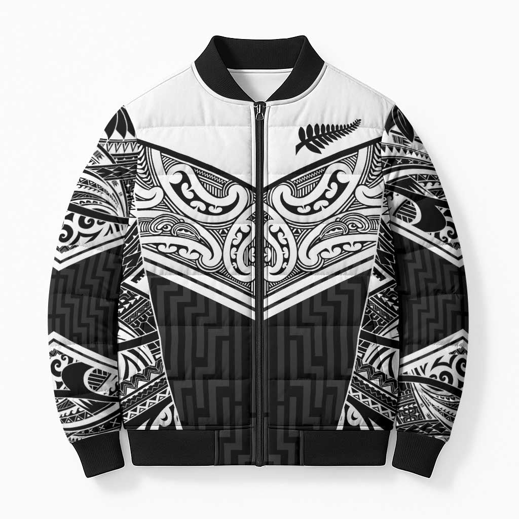 New Zealand Black Fern Custom Bomber Puffer Jacket Maori Tukutuku Black-white Motif LT9 Unisex White - Polynesian Pride