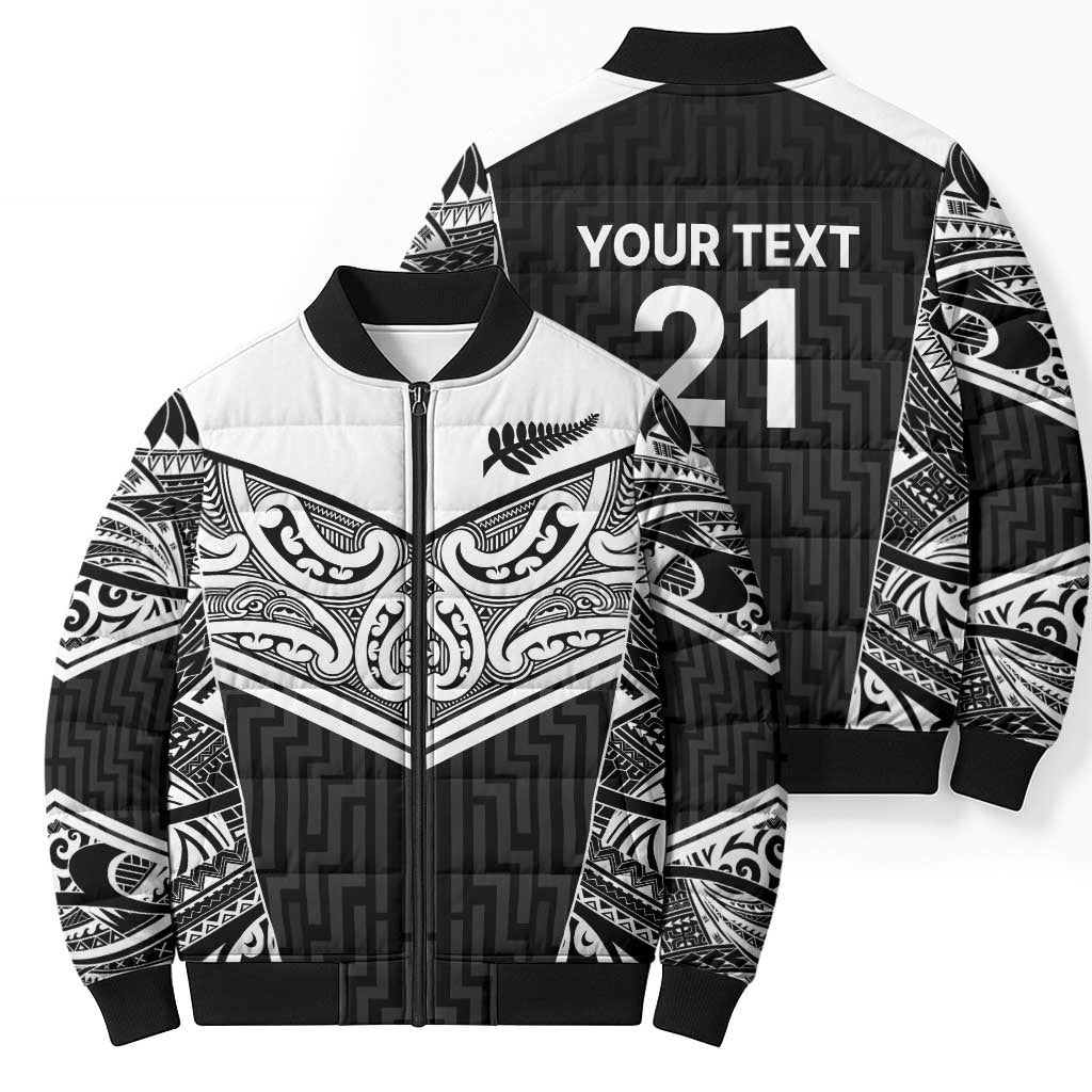 New Zealand Black Fern Custom Bomber Puffer Jacket Maori Tukutuku Black-white Motif LT9 - Polynesian Pride