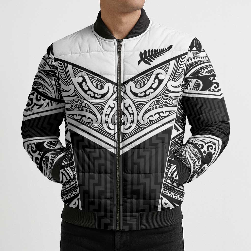New Zealand Black Fern Custom Bomber Puffer Jacket Maori Tukutuku Black-white Motif LT9 - Polynesian Pride