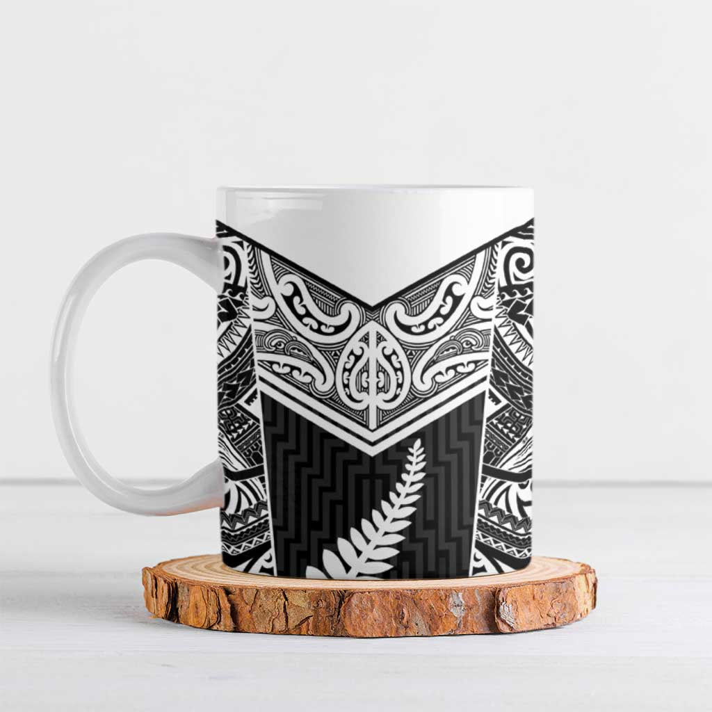 New Zealand Black Fern Custom Ceramic Mug Maori Tukutuku Black-white Motif - Polynesian Pride