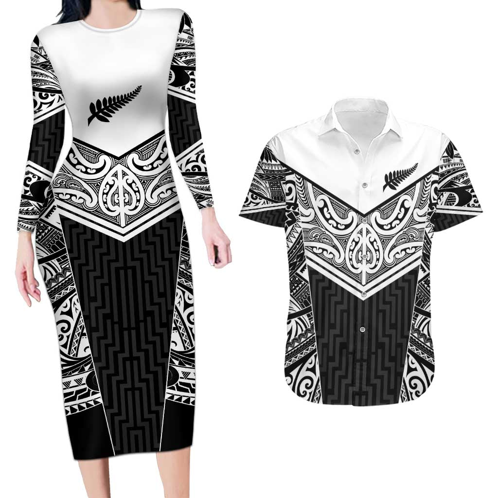 New Zealand Black Fern Custom Couples Matching Long Sleeve Bodycon Dress and Hawaiian Shirt Maori Tukutuku Black-white Motif