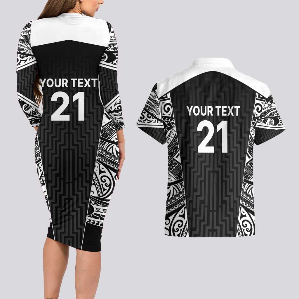 New Zealand Black Fern Custom Couples Matching Long Sleeve Bodycon Dress and Hawaiian Shirt Maori Tukutuku Black-white Motif