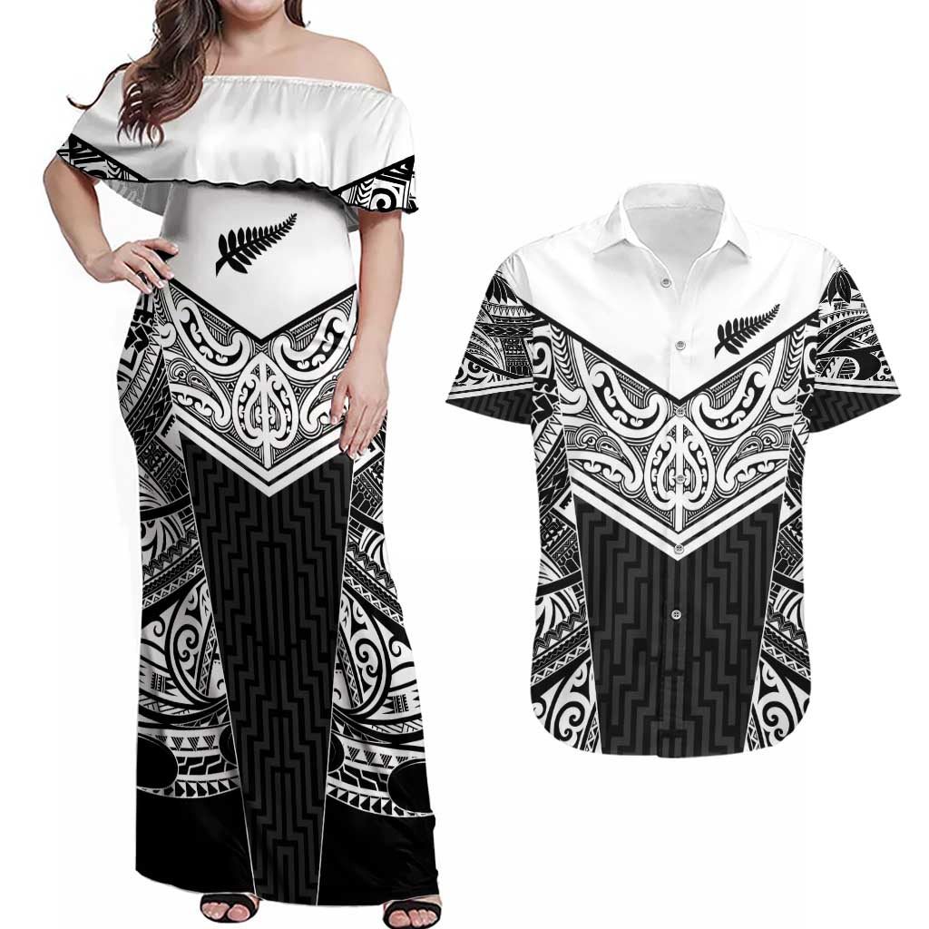 New Zealand Black Fern Custom Couples Matching Off Shoulder Maxi Dress and Hawaiian Shirt Maori Tukutuku Black-white Motif