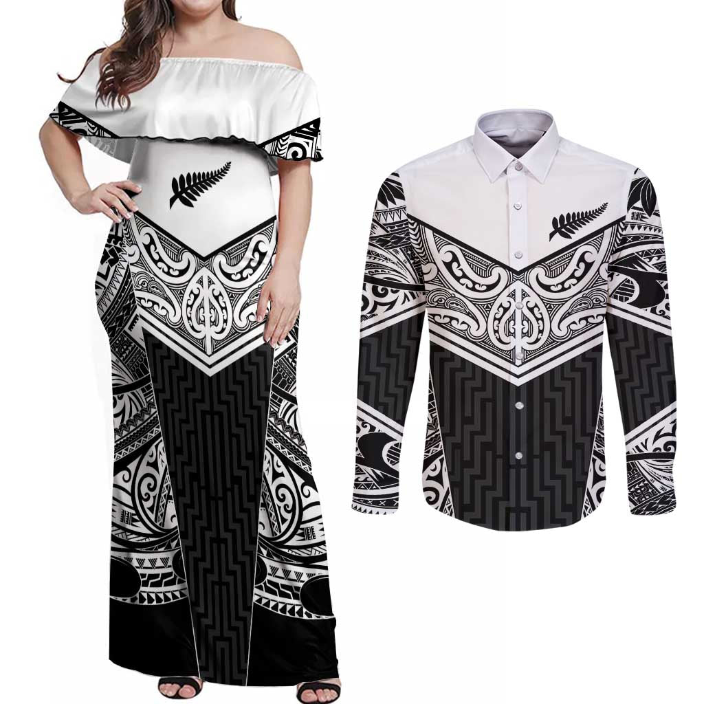 New Zealand Black Fern Custom Couples Matching Off Shoulder Maxi Dress and Long Sleeve Button Shirt Maori Tukutuku Black-white Motif