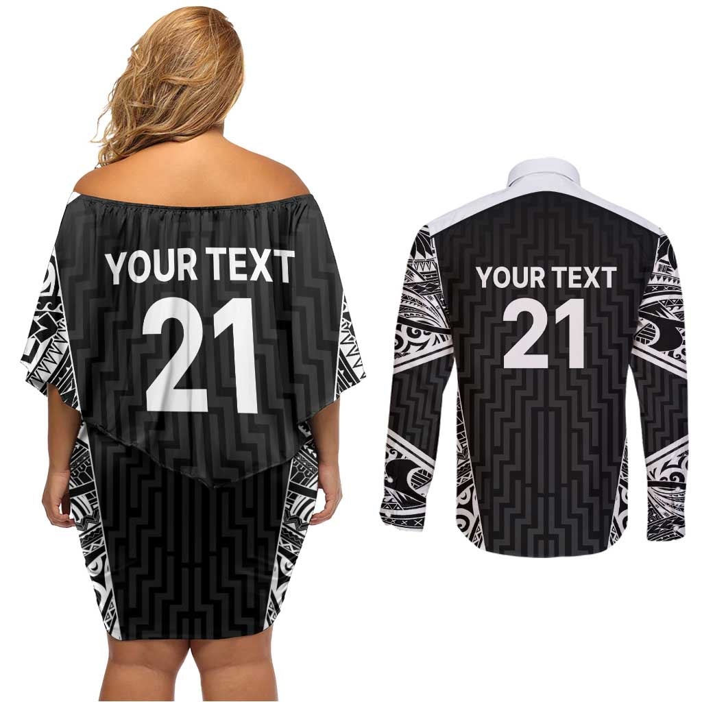 New Zealand Black Fern Custom Couples Matching Off Shoulder Short Dress and Long Sleeve Button Shirt Maori Tukutuku Black-white Motif
