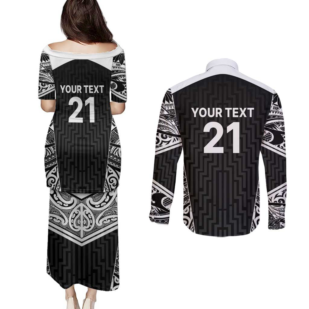 New Zealand Black Fern Custom Couples Matching Puletasi and Long Sleeve Button Shirt Maori Tukutuku Black-white Motif