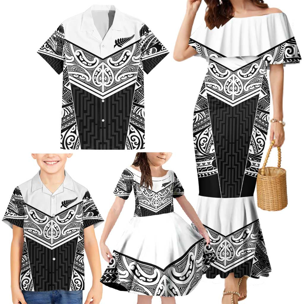 New Zealand Black Fern Custom Family Matching Mermaid Dress and Hawaiian Shirt Maori Tukutuku Black-white Motif LT9 - Polynesian Pride
