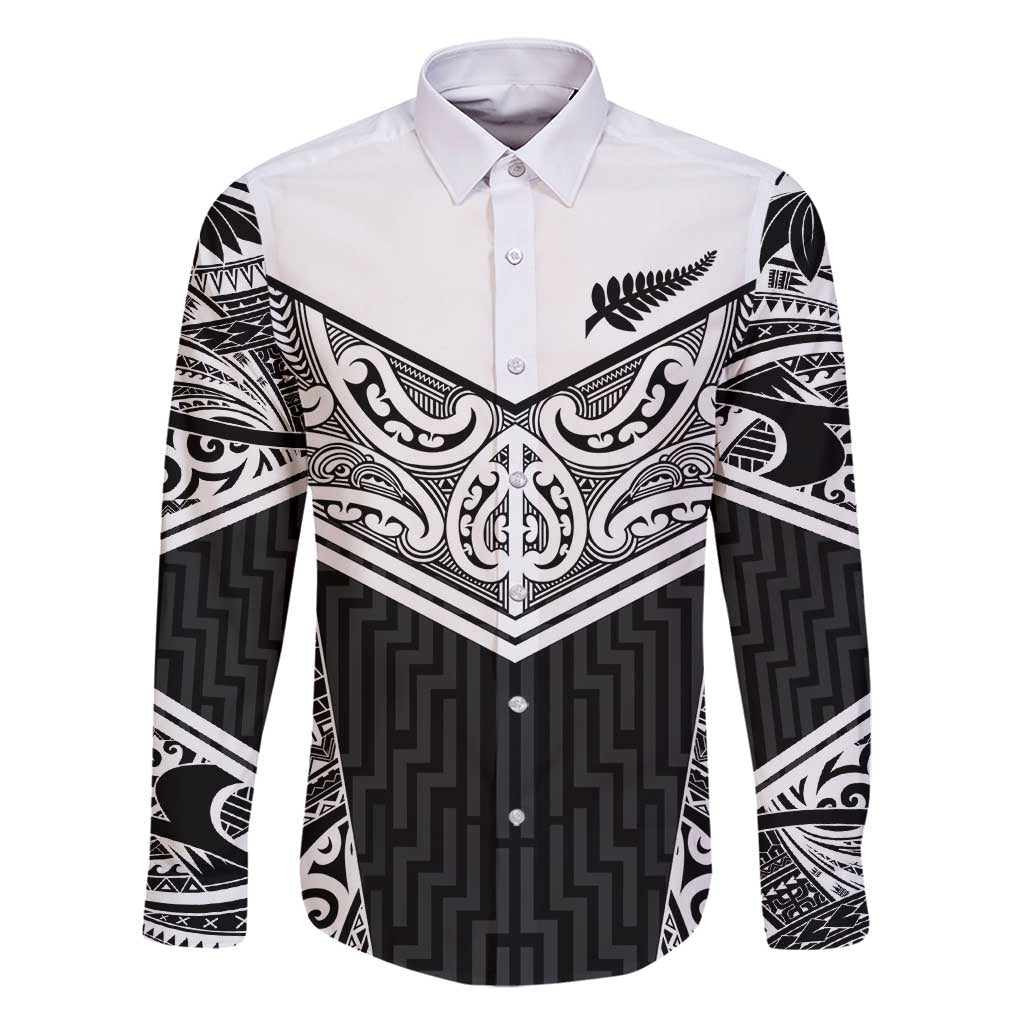New Zealand Black Fern Custom Family Matching Mermaid Dress and Hawaiian Shirt Maori Tukutuku Black-white Motif LT9 Dad's Shirt - Long Sleeve White - Polynesian Pride