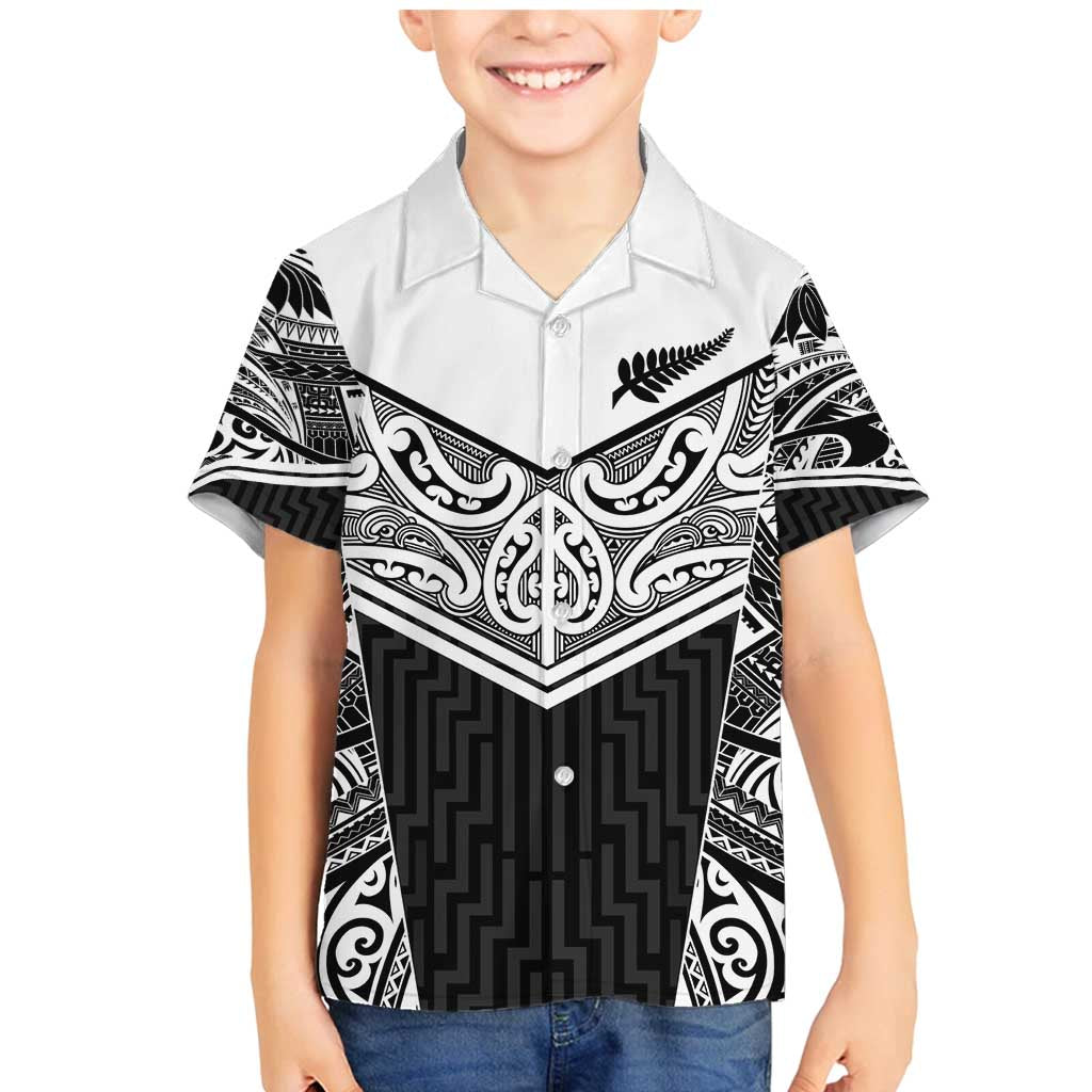 New Zealand Black Fern Custom Family Matching Mermaid Dress and Hawaiian Shirt Maori Tukutuku Black-white Motif LT9 Son's Shirt White - Polynesian Pride