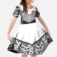 New Zealand Black Fern Custom Family Matching Off Shoulder Maxi Dress and Hawaiian Shirt Maori Tukutuku Black-white Motif LT9 Daughter's Dress White - Polynesian Pride