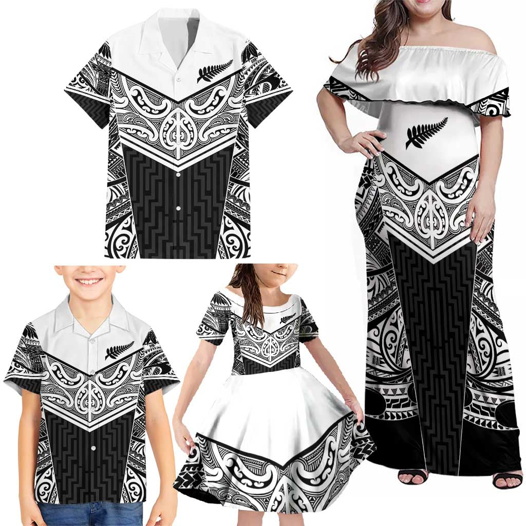New Zealand Black Fern Custom Family Matching Off Shoulder Maxi Dress and Hawaiian Shirt Maori Tukutuku Black-white Motif