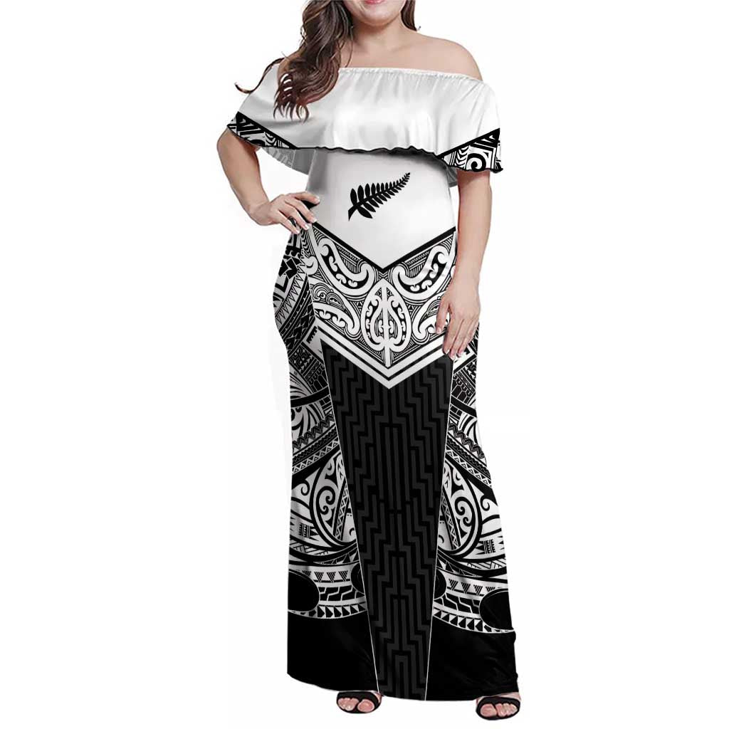 New Zealand Black Fern Custom Family Matching Off Shoulder Maxi Dress and Hawaiian Shirt Maori Tukutuku Black-white Motif LT9 Mom's Dress White - Polynesian Pride