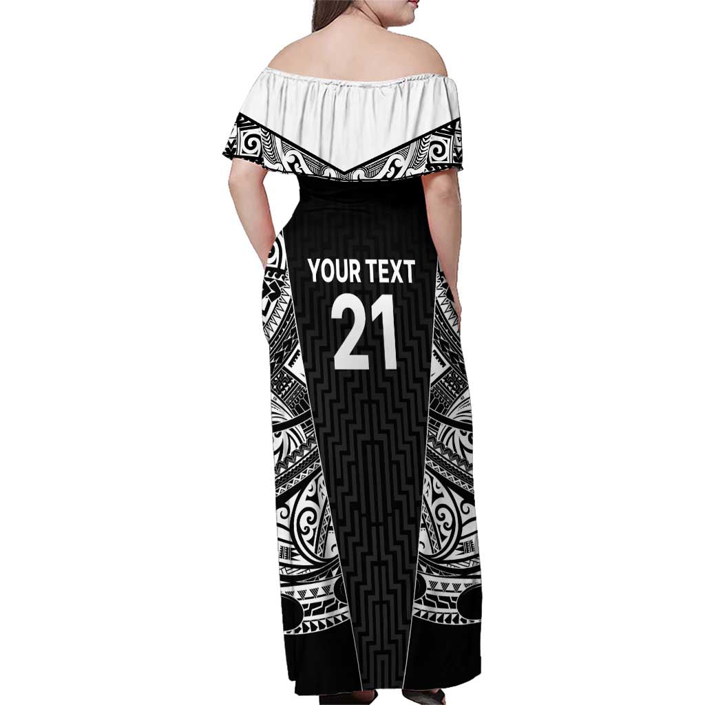New Zealand Black Fern Custom Family Matching Off Shoulder Maxi Dress and Hawaiian Shirt Maori Tukutuku Black-white Motif LT9 - Polynesian Pride