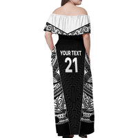 New Zealand Black Fern Custom Family Matching Off Shoulder Maxi Dress and Hawaiian Shirt Maori Tukutuku Black-white Motif LT9 - Polynesian Pride