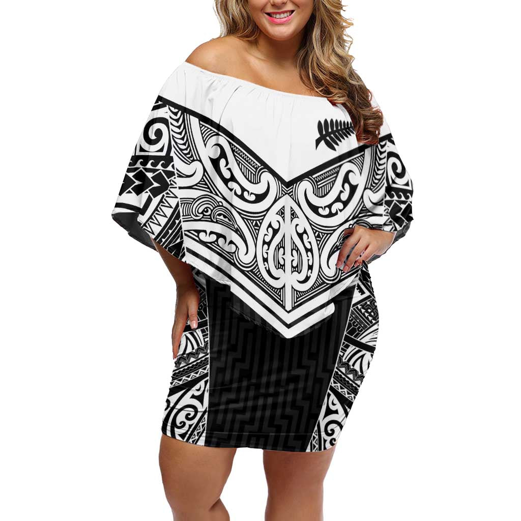 New Zealand Black Fern Custom Family Matching Off Shoulder Short Dress and Hawaiian Shirt Maori Tukutuku Black-white Motif