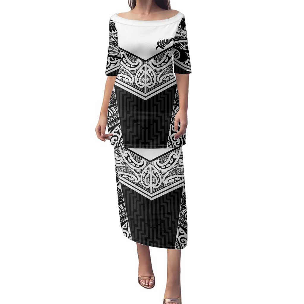 New Zealand Black Fern Custom Family Matching Puletasi and Hawaiian Shirt Maori Tukutuku Black-white Motif
