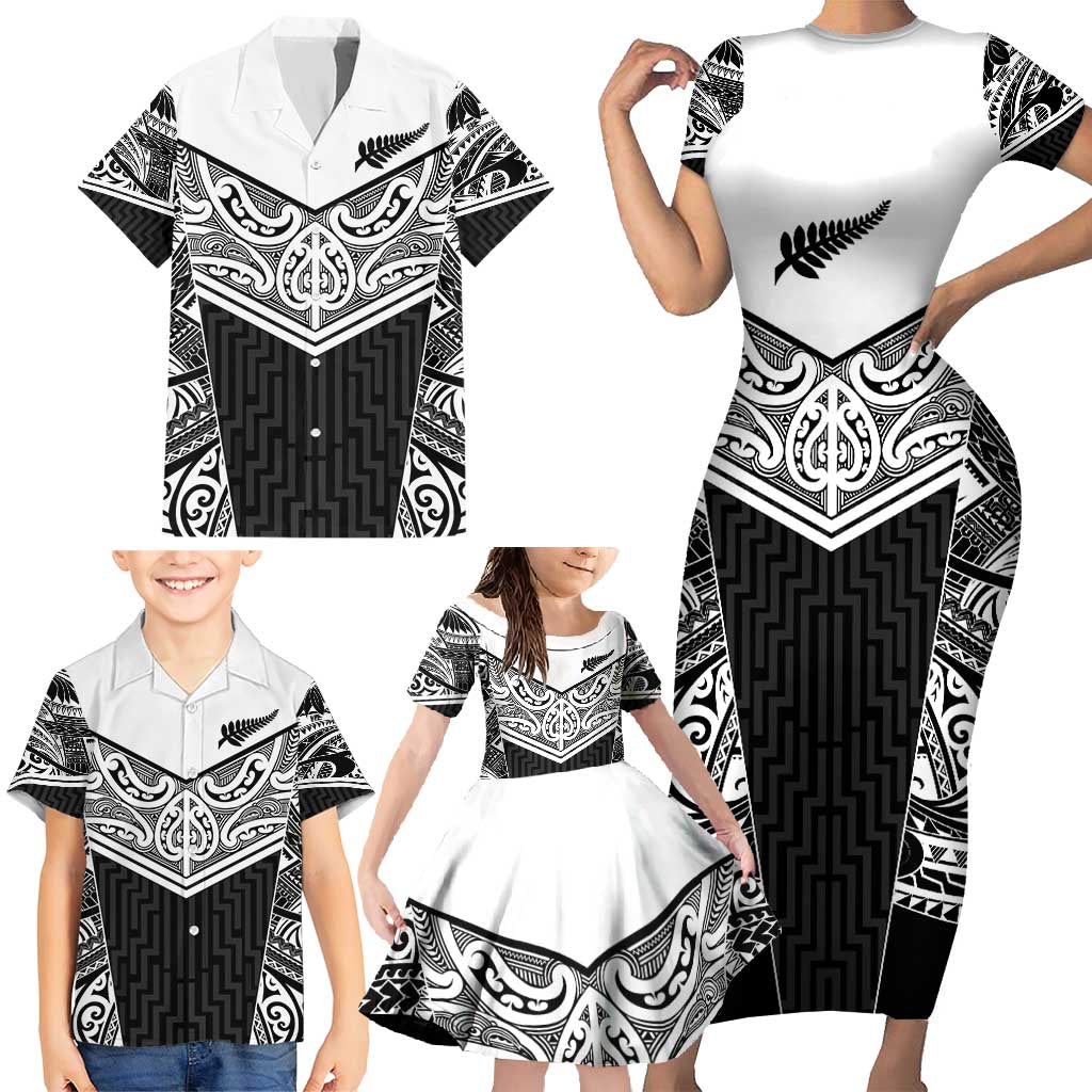 New Zealand Black Fern Custom Family Matching Short Sleeve Bodycon Dress and Hawaiian Shirt Maori Tukutuku Black-white Motif