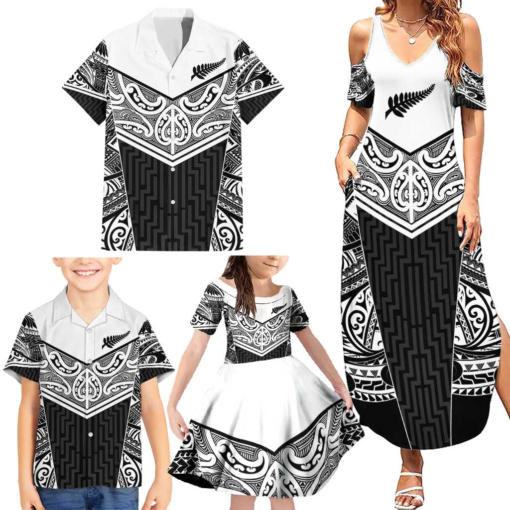 New Zealand Black Fern Custom Family Matching Summer Maxi Dress and Hawaiian Shirt Maori Tukutuku Black-white Motif