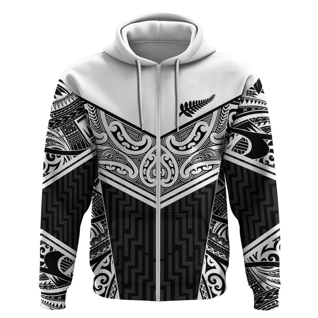 New Zealand Black Fern Custom Hoodie Maori Tukutuku Black-white Motif LT9 Zip Hoodie White - Polynesian Pride