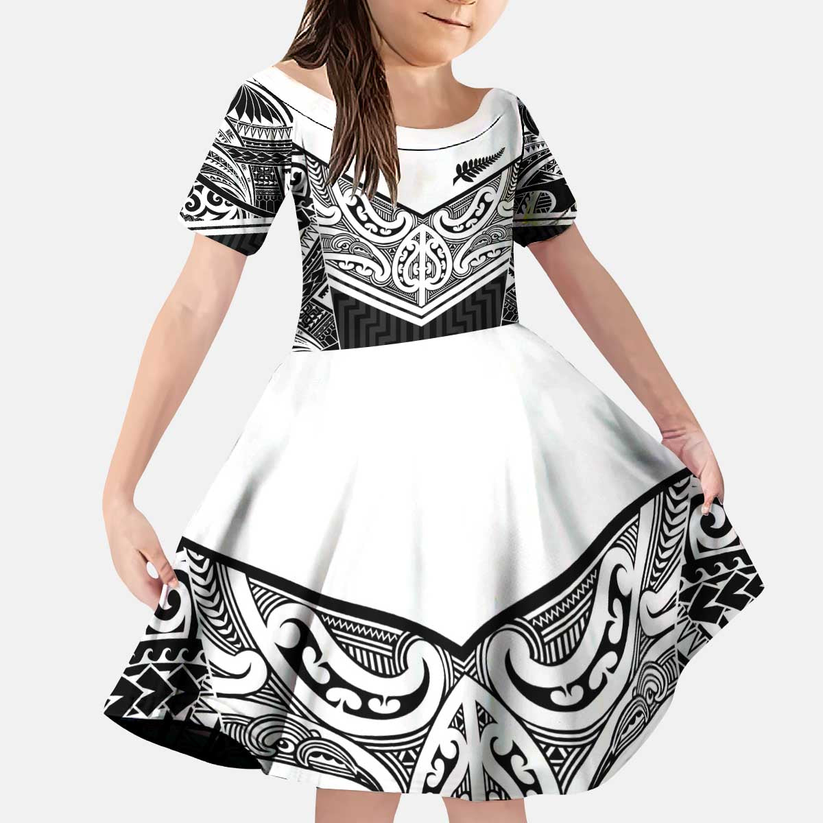 New Zealand Black Fern Custom Kid Short Sleeve Dress Maori Tukutuku Black-white Motif LT9 KID White - Polynesian Pride