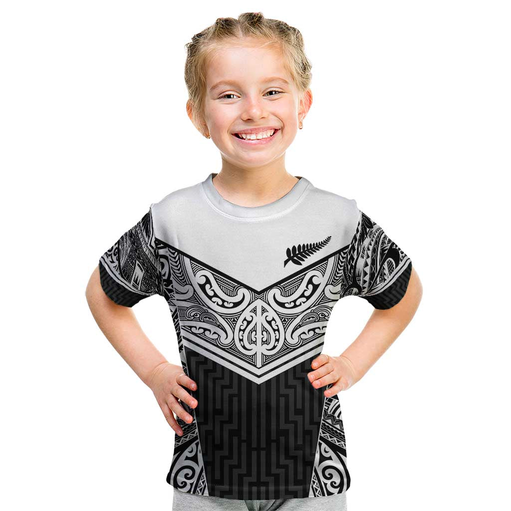 New Zealand Black Fern Custom Kid T Shirt Maori Tukutuku Black-white Motif LT9 White - Polynesian Pride