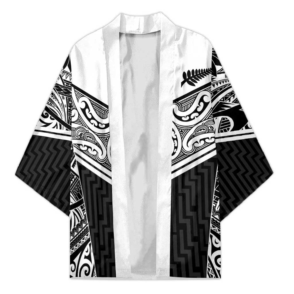 New Zealand Black Fern Custom Kimono Maori Tukutuku Black-white Motif LT9 Unisex White - Polynesian Pride