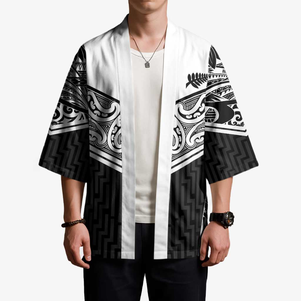 New Zealand Black Fern Custom Kimono Maori Tukutuku Black-white Motif LT9 - Polynesian Pride