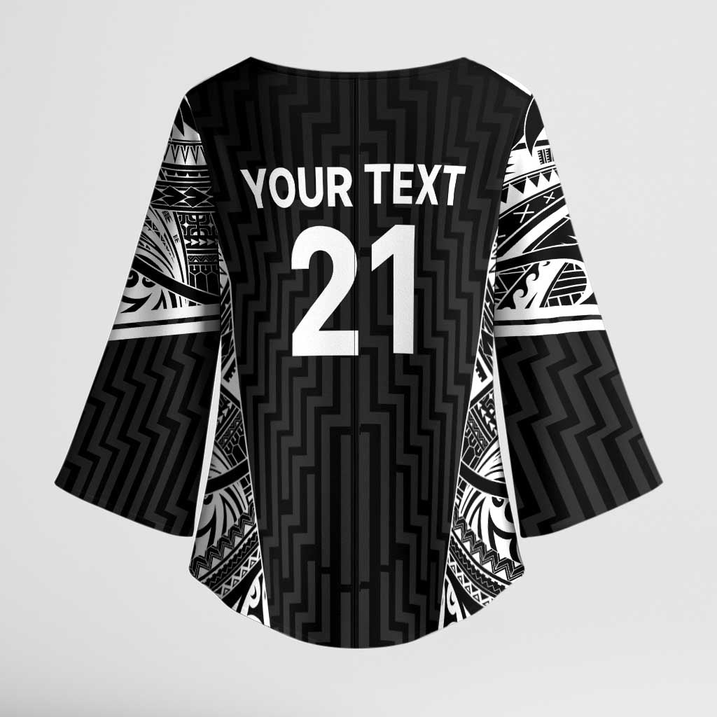 New Zealand Black Fern Custom Kimono Sleeve Blouse Maori Tukutuku Black-white Motif LT9 - Polynesian Pride