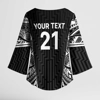 New Zealand Black Fern Custom Kimono Sleeve Blouse Maori Tukutuku Black-white Motif LT9 - Polynesian Pride