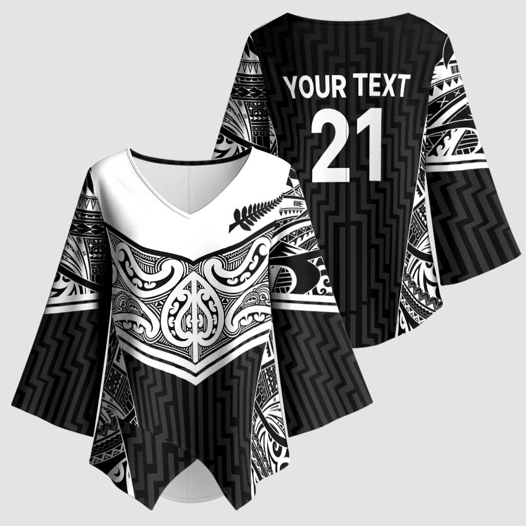 New Zealand Black Fern Custom Kimono Sleeve Blouse Maori Tukutuku Black-white Motif LT9 - Polynesian Pride