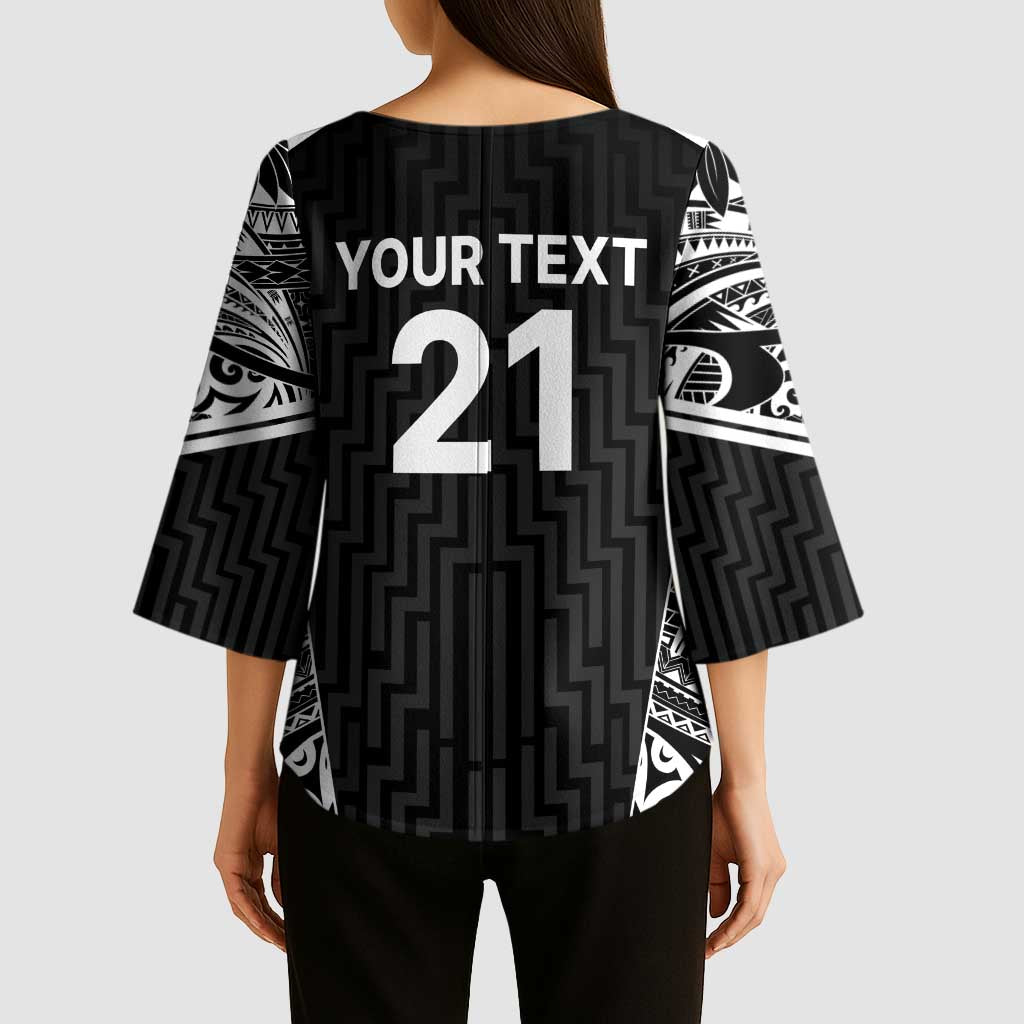 New Zealand Black Fern Custom Kimono Sleeve Blouse Maori Tukutuku Black-white Motif LT9 - Polynesian Pride