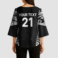 New Zealand Black Fern Custom Kimono Sleeve Blouse Maori Tukutuku Black-white Motif LT9 - Polynesian Pride