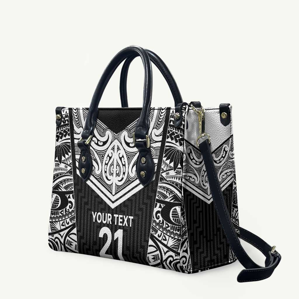 New Zealand Black Fern Custom Leather Bag Maori Tukutuku Black-white Motif LT9 White - Polynesian Pride