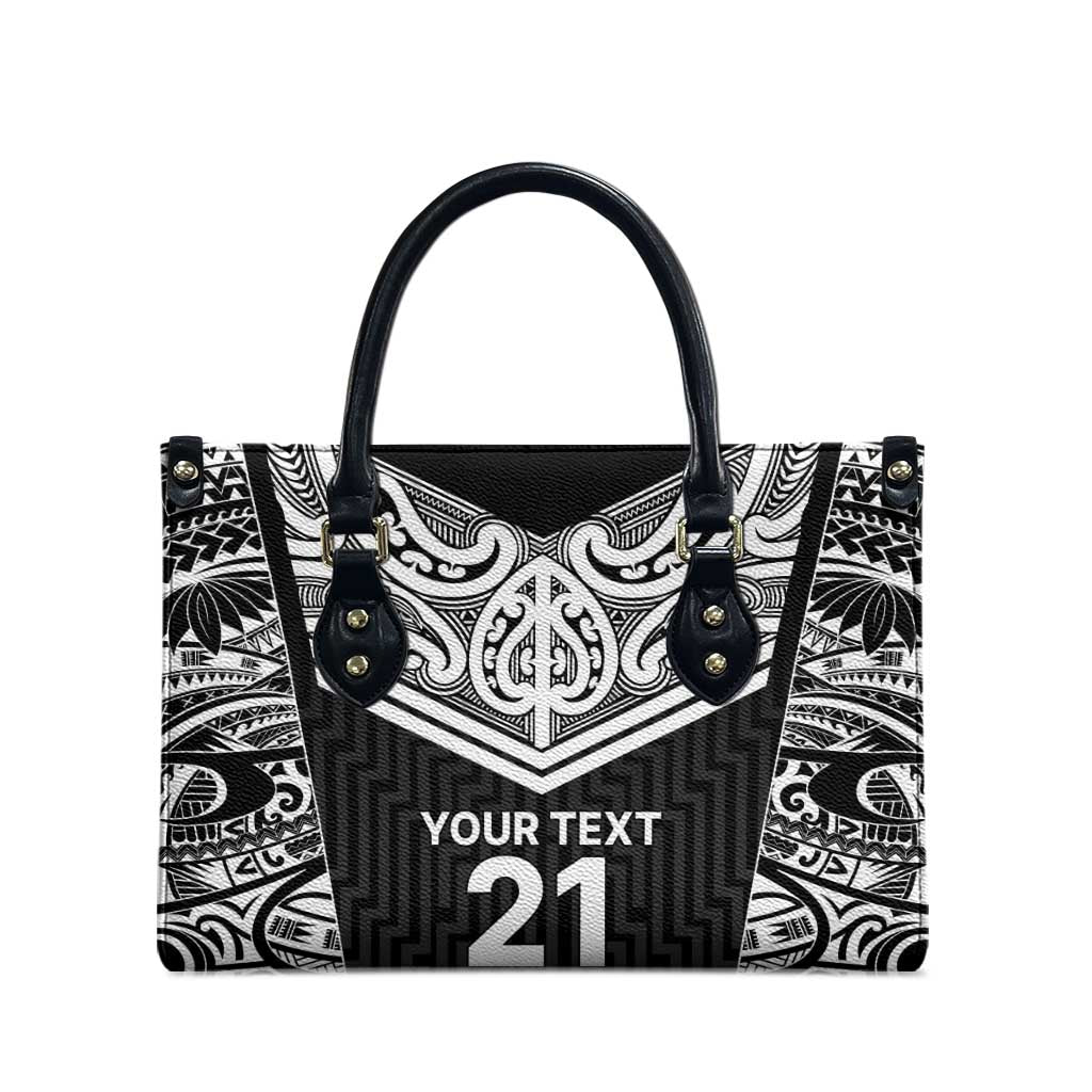 New Zealand Black Fern Custom Leather Bag Maori Tukutuku Black-white Motif LT9 - Polynesian Pride