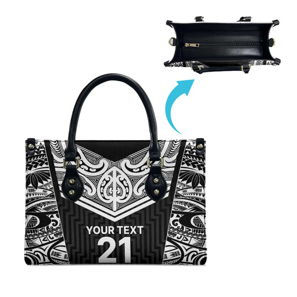 New Zealand Black Fern Custom Leather Bag Maori Tukutuku Black-white Motif LT9 - Polynesian Pride