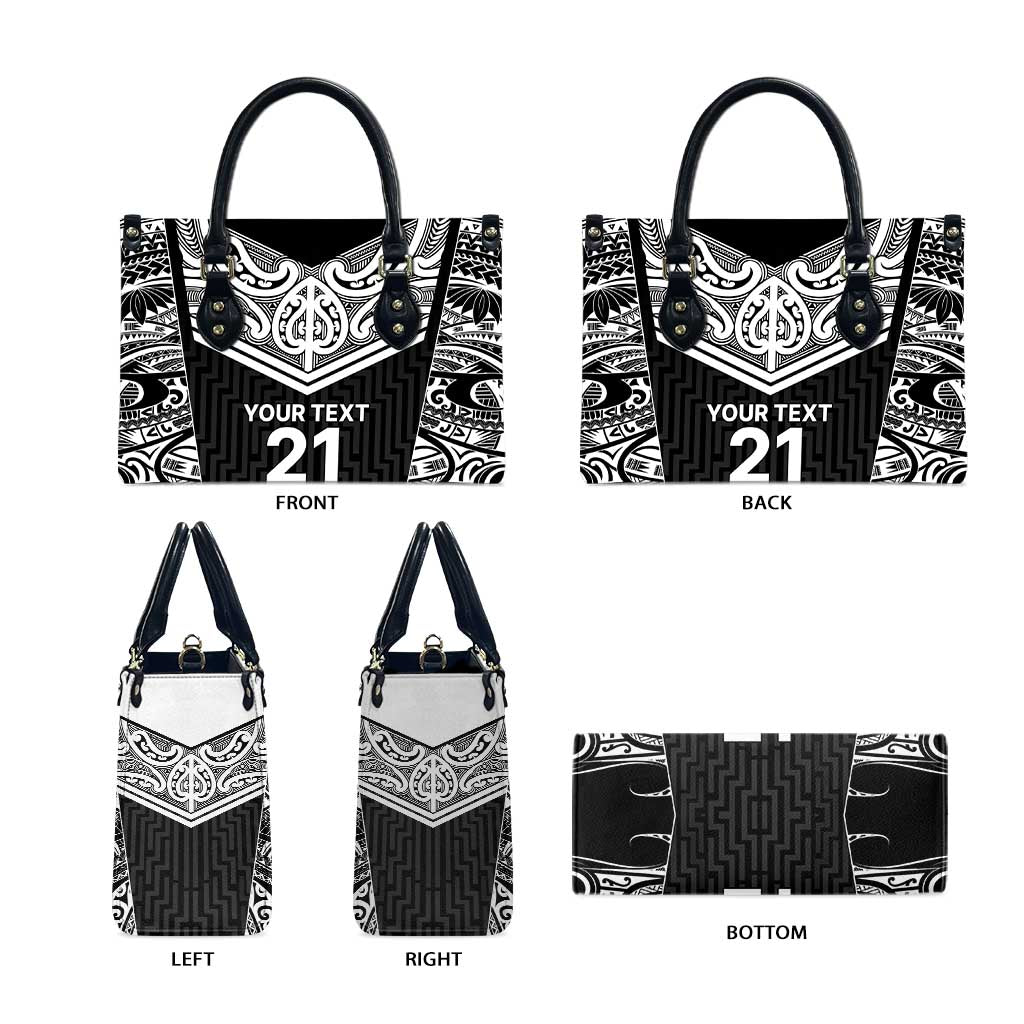 New Zealand Black Fern Custom Leather Bag Maori Tukutuku Black-white Motif LT9 - Polynesian Pride