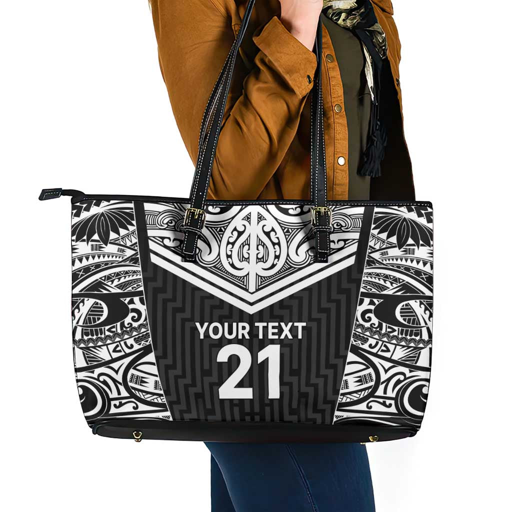 New Zealand Black Fern Custom Leather Tote Bag Maori Tukutuku Black-white Motif LT9 - Polynesian Pride