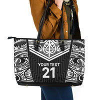 New Zealand Black Fern Custom Leather Tote Bag Maori Tukutuku Black-white Motif LT9 - Polynesian Pride